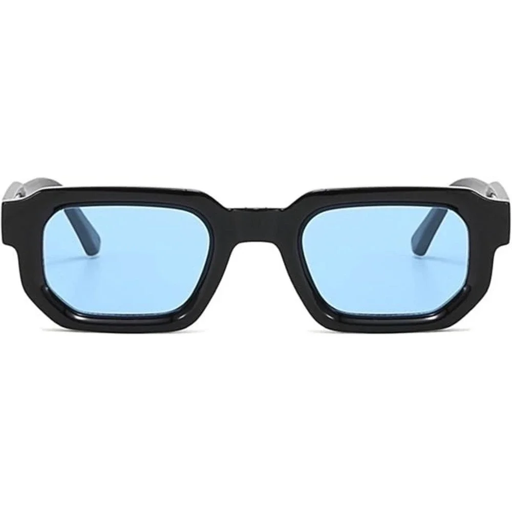 Womens Black Chunky Square Sunglasses Blue Tinted Lens Retro Geometric Eyewear